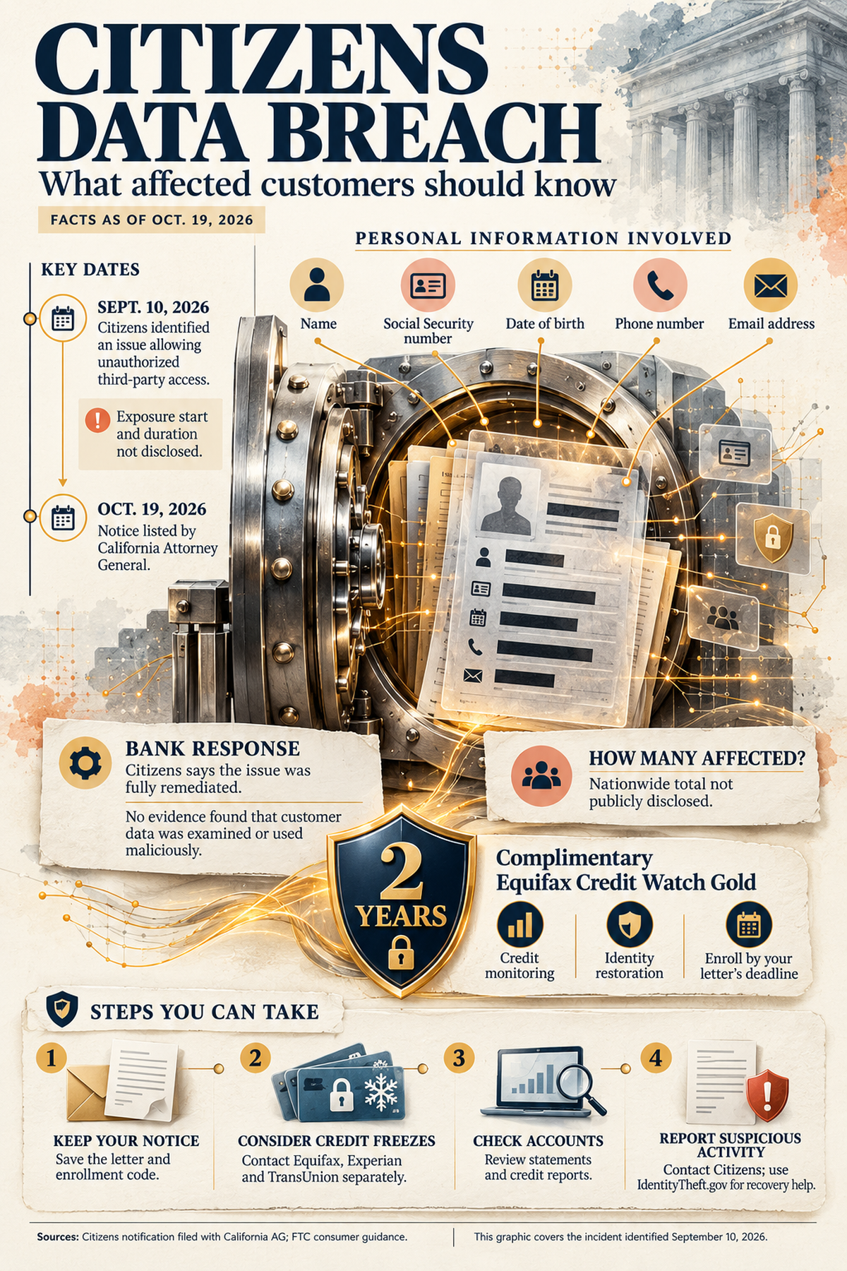 Infographic summarizing the Citizens data breach, including the number of affected individuals, the categories of information involved, and the publicly confirmed reporting timeline.
