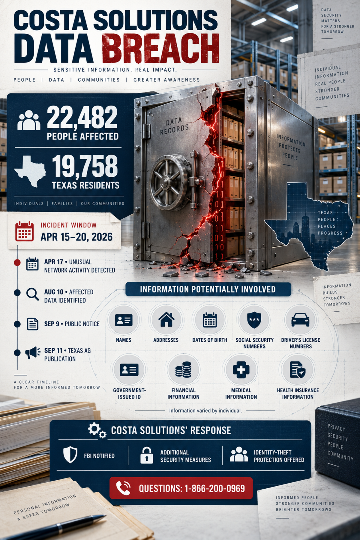 Infographic summarizing the Costa Solutions data breach, including the number of affected individuals, the categories of information involved, and the publicly confirmed reporting timeline.