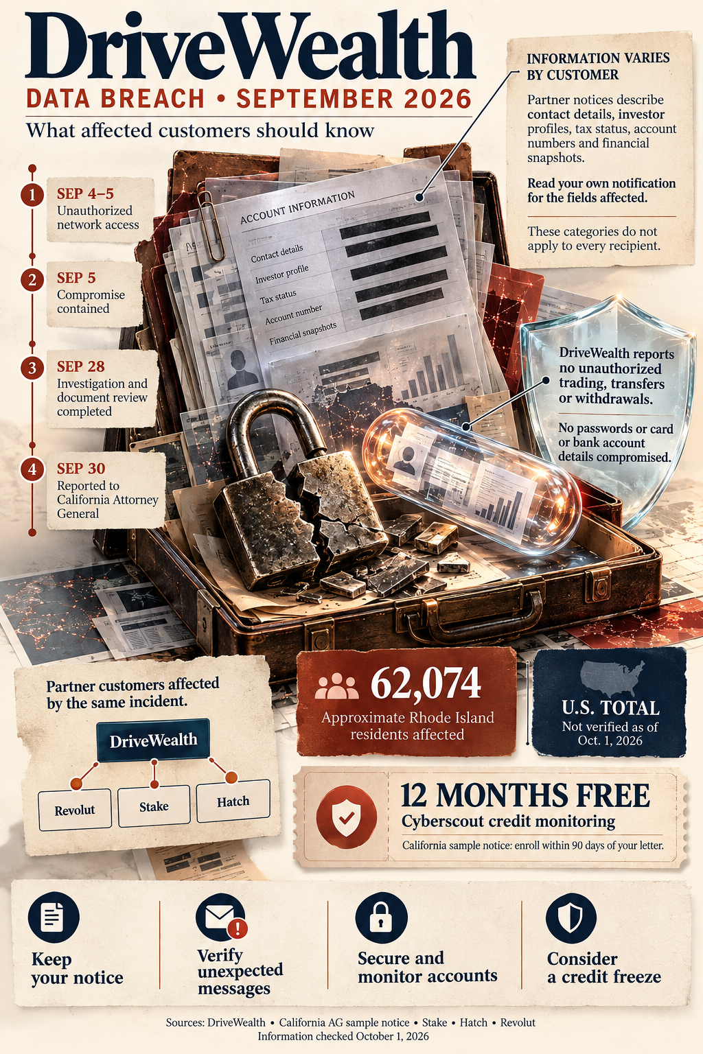 Infographic summarizing the DriveWealth data breach, including the number of affected individuals, the categories of information involved, and the publicly confirmed reporting timeline.