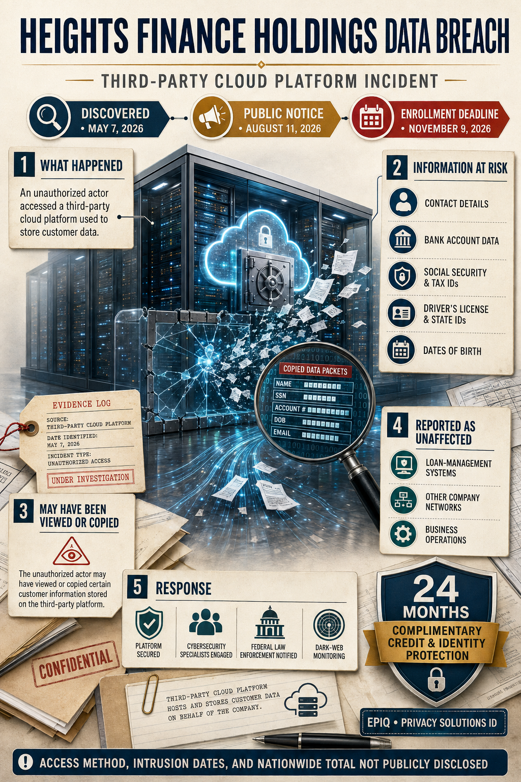 Infographic summarizing the Heights Finance Holdings data breach, including the number of affected individuals, the categories of information involved, and the publicly confirmed reporting timeline.