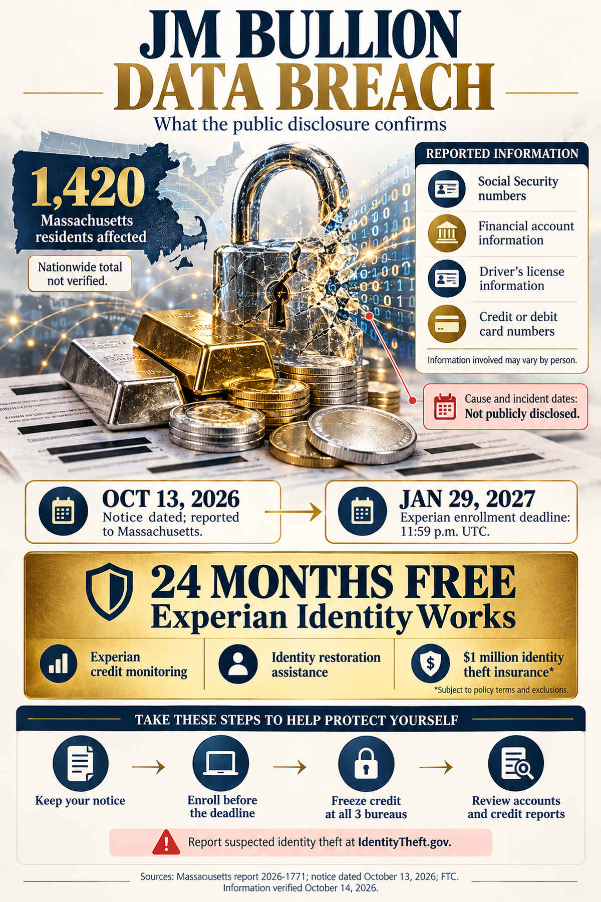 Infographic summarizing the JM Bullion data breach, including the number of affected individuals, the categories of information involved, and the publicly confirmed reporting timeline.