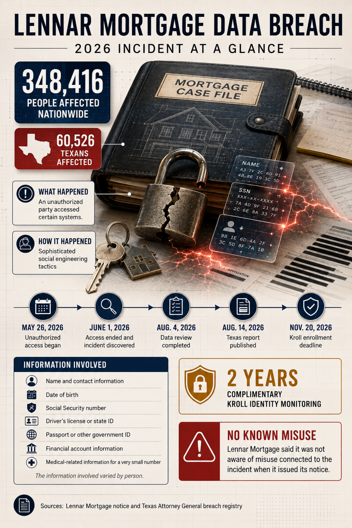 Infographic summarizing the Lennar Mortgage data breach, including the number of affected individuals, the categories of information involved, and the publicly confirmed reporting timeline.
