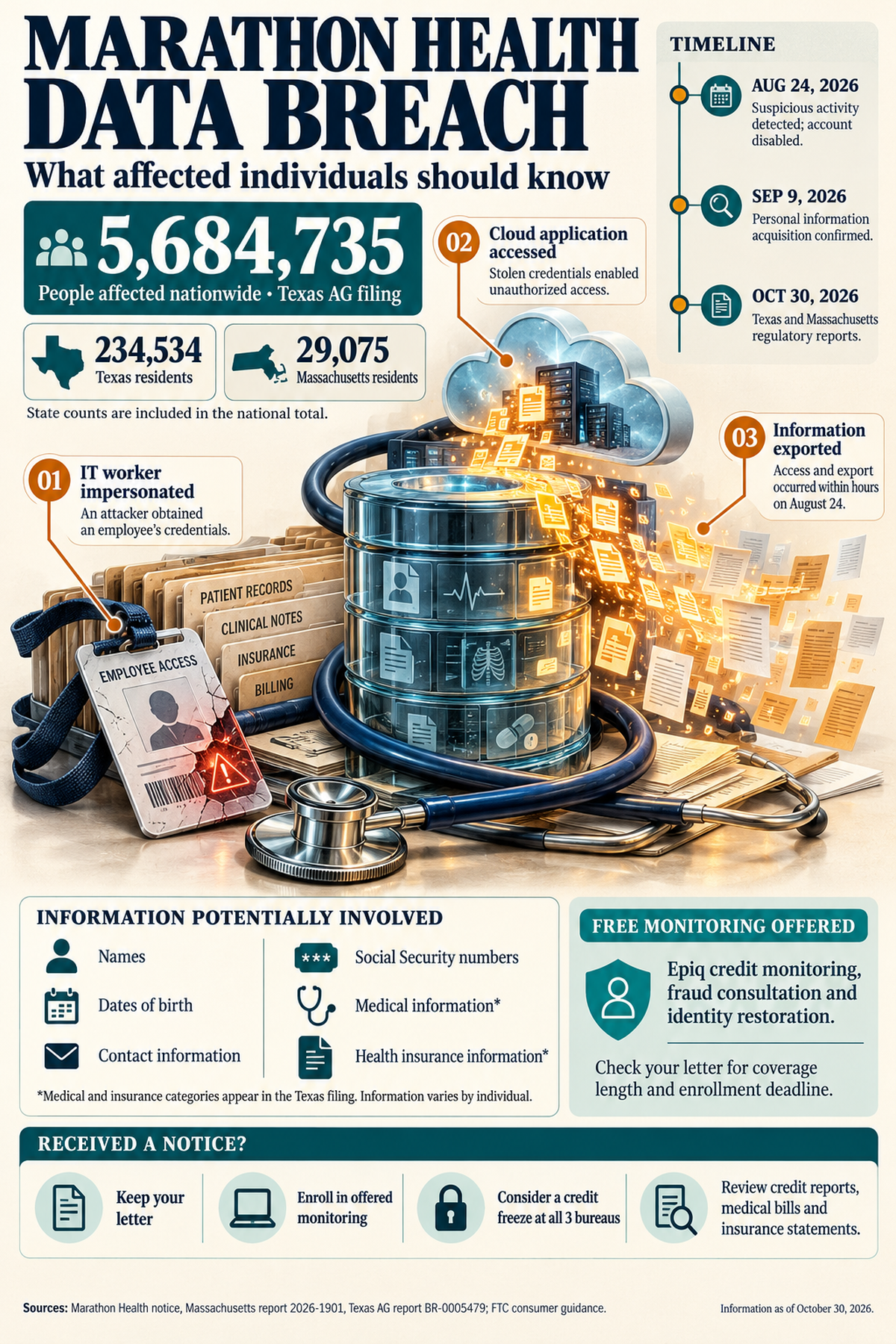 Infographic summarizing the Marathon Health data breach, including the number of affected individuals, the categories of information involved, and the publicly confirmed reporting timeline.