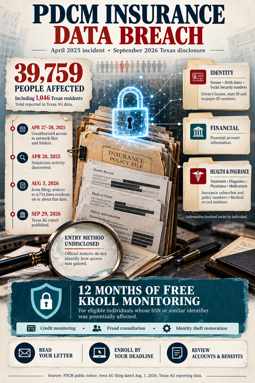 Infographic summarizing the PDCM Insurance data breach, including the number of affected individuals, the categories of information involved, and the publicly confirmed reporting timeline.