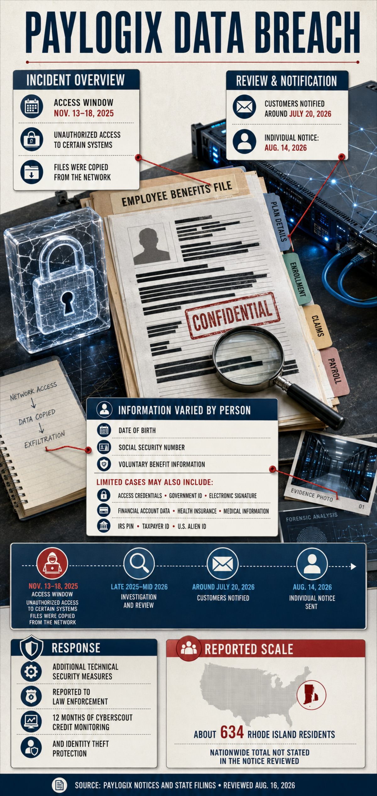 Infographic summarizing the Paylogix data breach, including the number of affected individuals, the categories of information involved, and the publicly confirmed reporting timeline.