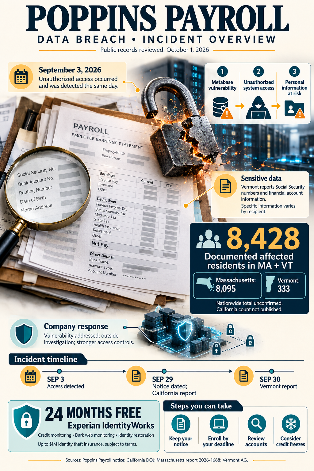 Infographic summarizing the Poppins Payroll data breach, including the number of affected individuals, the categories of information involved, and the publicly confirmed reporting timeline.