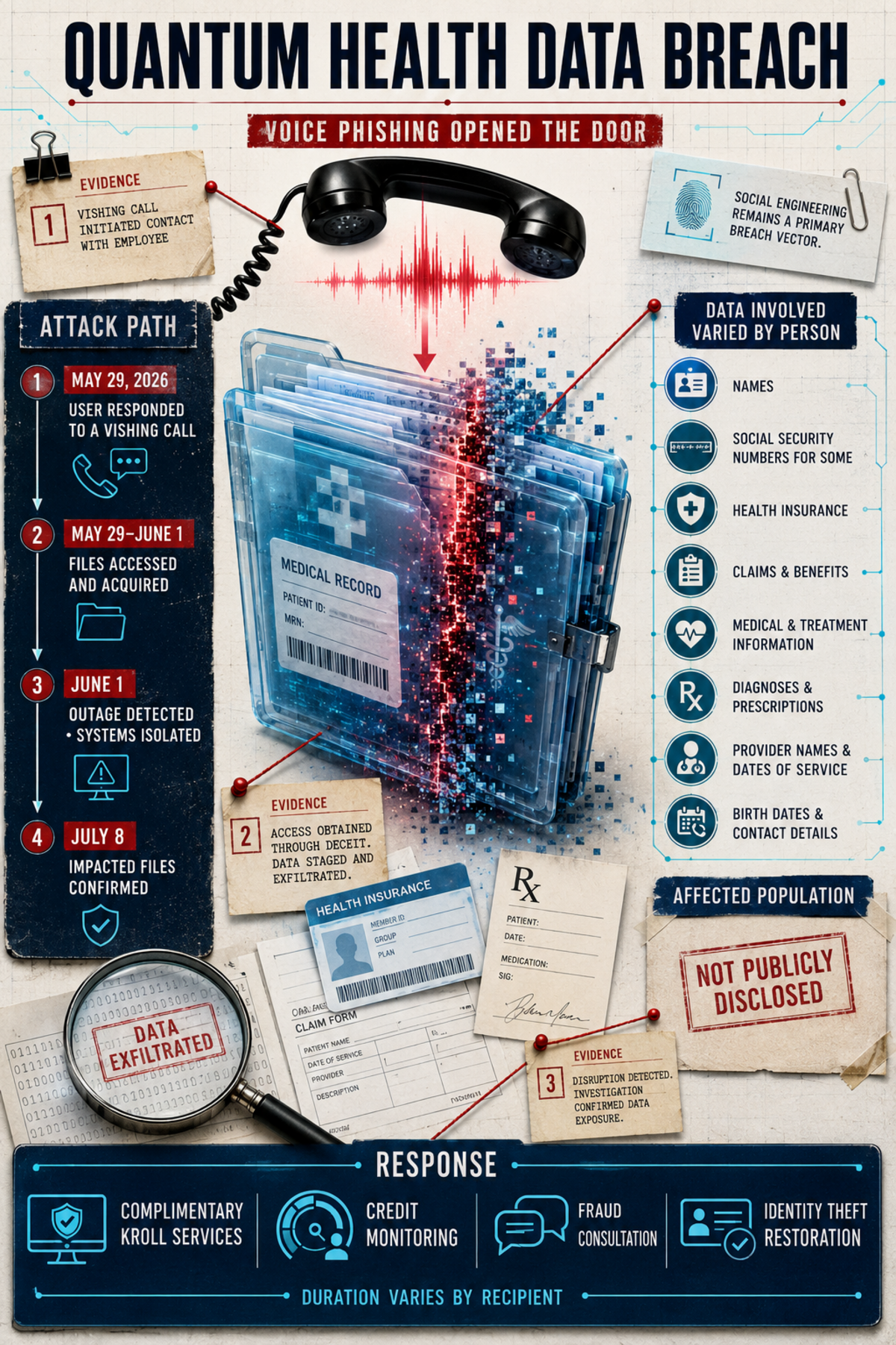 Infographic summarizing the Quantum Health data breach, including the number of affected individuals, the categories of information involved, and the publicly confirmed reporting timeline.