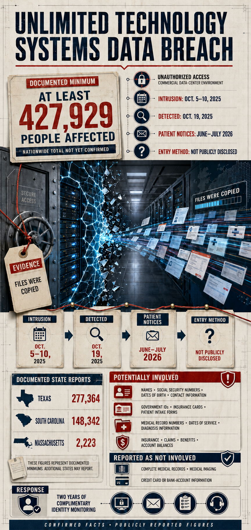 Infographic summarizing the Unlimited Technology Systems data breach, including the number of affected individuals, the categories of information involved, and the publicly confirmed reporting timeline.