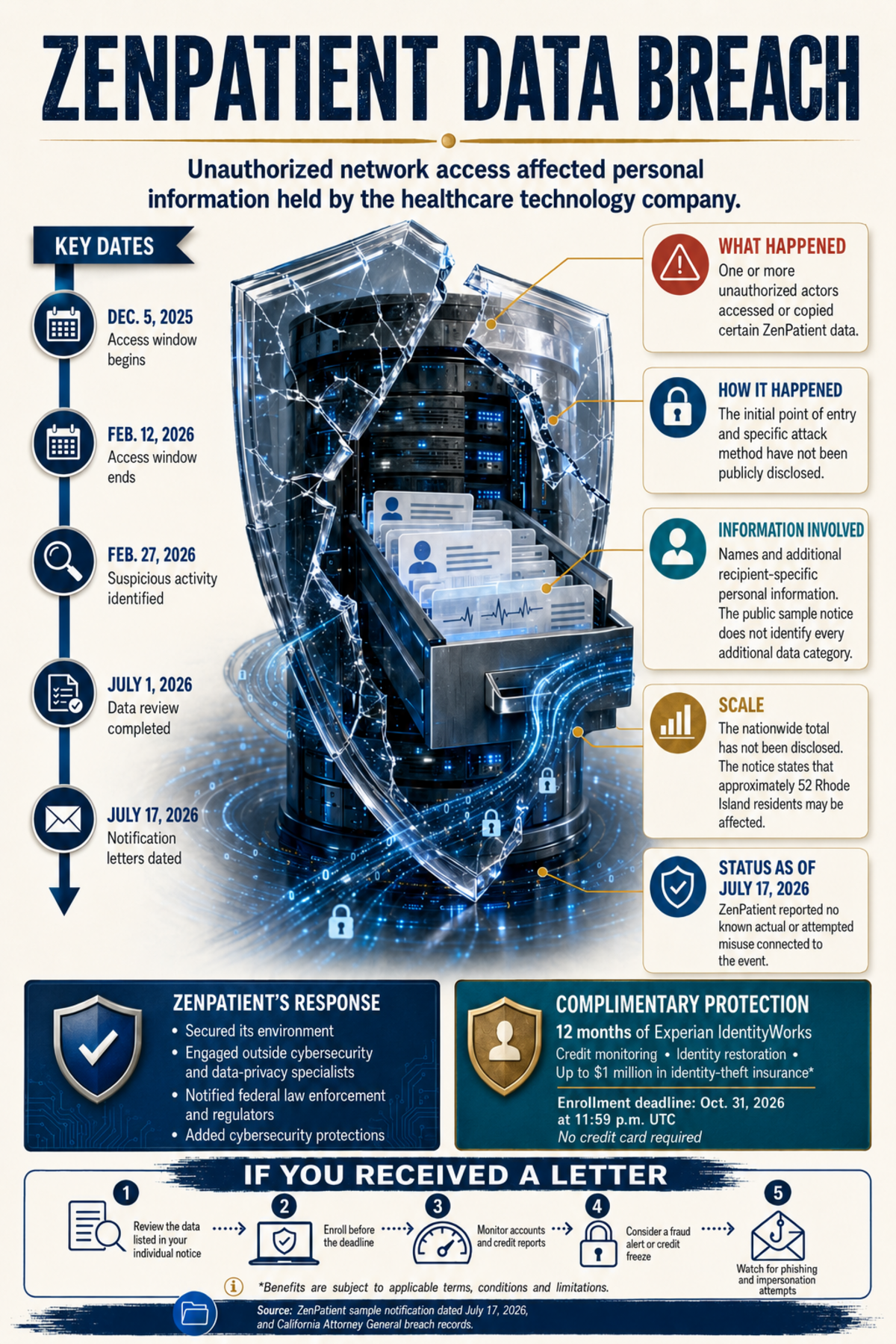 Infographic summarizing the ZenPatient data breach, including the number of affected individuals, the categories of information involved, and the publicly confirmed reporting timeline.